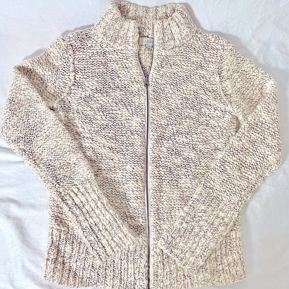 Loft soft wool zip up sweater size M. Cream & black knit.
